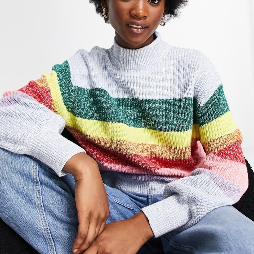 Monki Rainbow Mock Neck Cotton Striped Sweater size XL